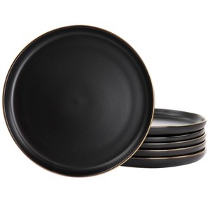 6pc Paul Stoneware Dinner Plate Set with Rim Matte Black/Gold - Elama: Solid Round Plates, Dishwasher & Microwave Safe - 1 of 4