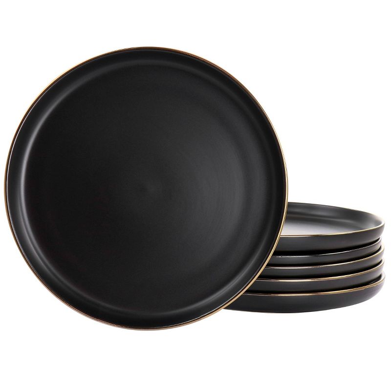 6pc Paul Stoneware Dinner Plate Set with Rim Matte Black/Gold - Elama, 1 of 5
