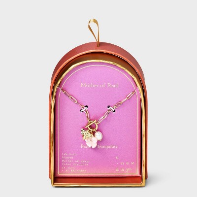 14K Gold Dipped Pink Mother of Pearl Flower and Bee Charm Necklace - A New Day™ Gold