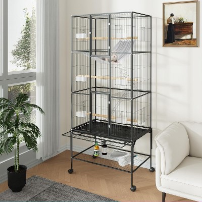 69in Tall Extra Large Wrought Iron Parakeet Bird Cage with Storage Shelf for Mid-Sized Parrots Cockatiels Canaries Lovebirds Conures Finch, Black