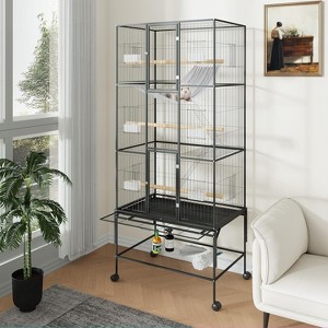 69in Tall Extra Large Wrought Iron Parakeet Bird Cage with Storage Shelf for Mid-Sized Parrots Cockatiels Canaries Lovebirds Conures Finch, Black - 1 of 4