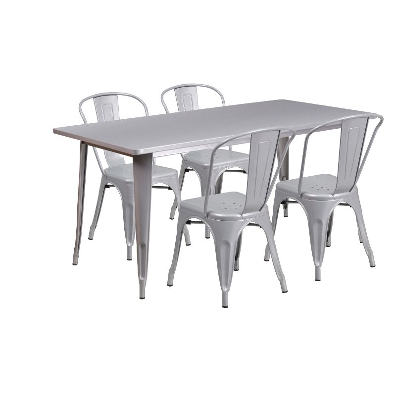 Flash Furniture Commercial Grade 31.5" x 63" Rectangular Metal Indoor-Outdoor Table Set with 4 Stack Chairs, 1 of 5