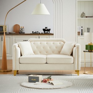 VASIP Mid-Century Modern Sofa -Black Chenille Upholstered Pull Buckle Design Living Room Couch with Buttons Tufted - 1 of 4