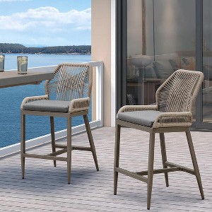 PURPLE LEAF Patio Sunbrella Bar Stools Set of 2 Handwoven Wicker Bar Height Stool Modern Aluminum Outdoor Wicker Barstools with Back and Cushion - 1 of 4