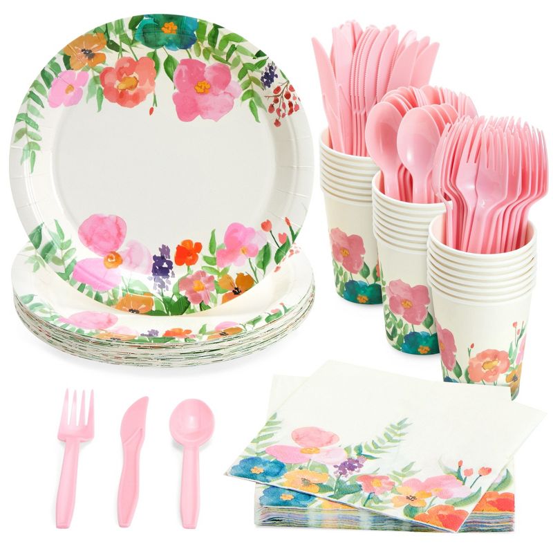 Juvale 144 Piece Watercolor Flower Tea Party Supplies, Includes Disposable Floral Paper Plates, Napkins, Cups, Cutlery, 1 of 9