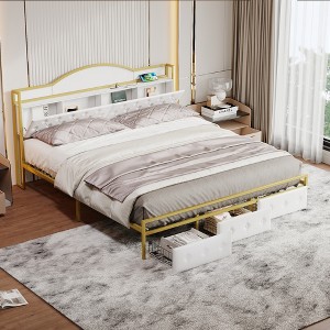 King/Queen Size Metal Platform Bed Frame with Drawers, Storage Headboard 4L, White+Gold -ModernLuxe - 1 of 4