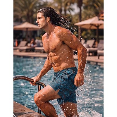 COOFANDY Men Swim Trunk with Compression Liner 2 in 1 Swimwear Bathing Suit Quick Dry Board Short Black Plam Leaf M — фото 3
