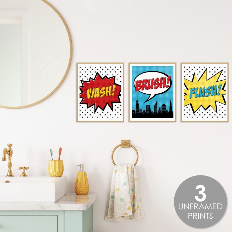 Big Dot of Happiness BAM! Superhero - Unframed Wash, Brush, Flush - Bathroom Wall Art - 8 x 10 inches - Set of 3 Prints, 2 of 7