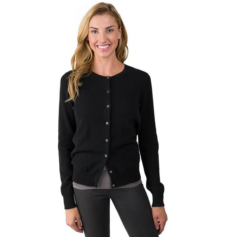 JENNIE LIU Women's 100% Cashmere Button Front Long Sleeve Crewneck Cardigan Sweater, 1 of 7