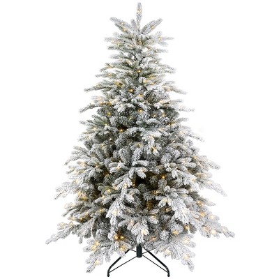 HOMCOM 5ft Prelit Frosted Artificial Christmas Tree with Warm White LED Light, Metal Base, Snow Flocked Branches
