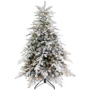 HOMCOM 5ft Prelit Frosted Artificial Christmas Tree with Warm White LED Light, Metal Base, Snow Flocked Branches - 1 of 4