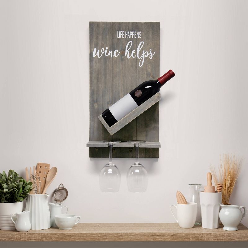 Lucca Wall Mounted Wooden Wine Bottle Shelf with Glass Holder - Elegant Designs, 2 of 7