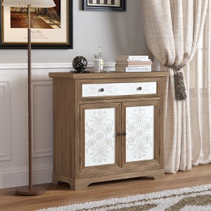 KWPZQEB Vintage Accent Cabinet with Carved Floral Panels, Double Barn Door Accent Cabinet with Drawer, Farmhouse Cabinet for Living Room, Entryway - 1 of 4