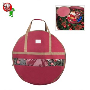 Wreath Storage Container - Canvas Bag with Clear Window and Handles Holds 48-Inch Artificial Wreath with Compartment for Ornaments by Elf Stor (Red) - 1 of 4