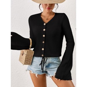 Women's Summer Crochet Lightweight Cardigan Button Down Hollow Out Long Sleeve Bolero Shrug Cardigan - 1 of 4