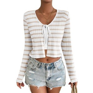 Coolmee Women's Tie Front Cardigan Long Sleeve Rib Knit Shrug Sweaters Crop Tops - 1 of 4