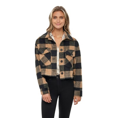 Jackets & Coats, Khaki Plaid Print Button Down Cropped Flannel Cropped  Bomber Jacket Shacket