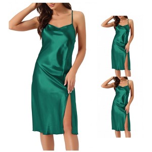 INSPIRE CHIC Womens 2 Pack Satin Nightdress Slit Nightgown Sleeveless Backless Silky Midi Sleepwear - 1 of 4
