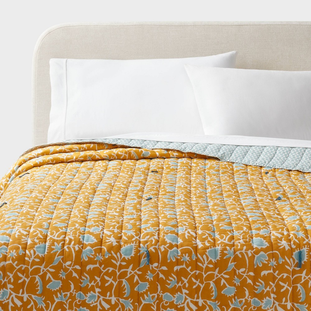 Photos - Bed Linen King Earthy Vines Quilt Mustard Yellow/Teal Blue - Threshold™