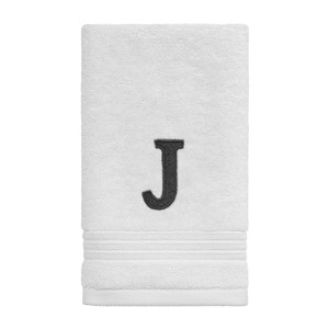 Avanti White with Grey Block Monogram Fingertip Towel  J - 1 of 3