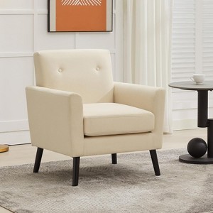 Mid-Century Modern Accent Chair – Linen Upholstery, 350LB Capacity & Hardwood Legs (Beige/Blue/Camel) for Living Room, Office, Bedroom - 1 of 4
