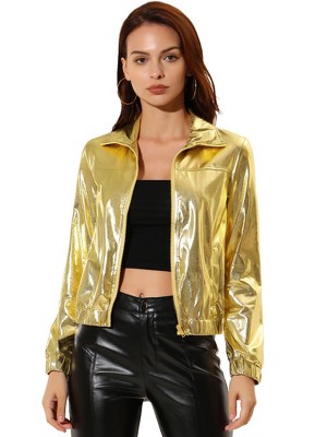 INSPIRE CHIC Women's Holographic Shiny Long Sleeve Metallic Zip Front Track Jacket