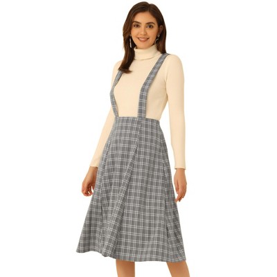 Allegra K Women's Vintage Plaid A-line Tartan Suspender Midi Skirt