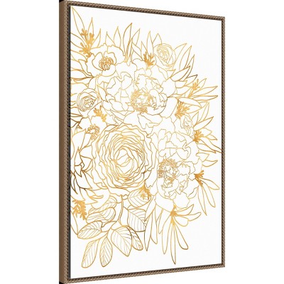Gold Botanical Rose Beaded Framed Canvas Wall Art