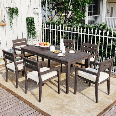 CAVINAS Outdoor Patio Dining Set for 6, Acacia Wood Outdoor Dining Sets Modern Deck Table and Chairs with 6 Chairs for Patio