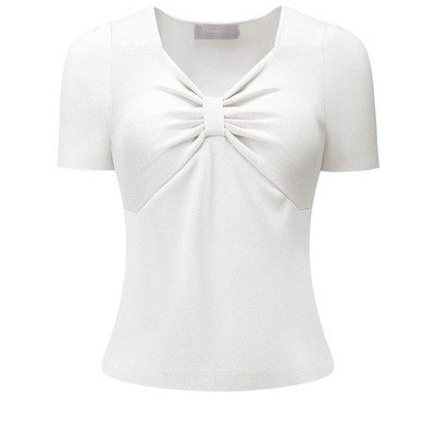 Hobemty Women's Casual Knit Sweetheart Neck Short Sleeve Ribbed Tops