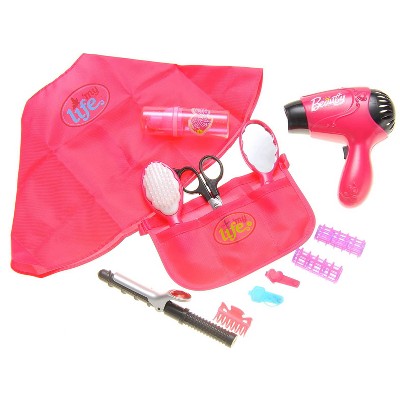 JuzToys Beauty Salon Set Toy Playset For Kids Pretend Play Makeup Sets,  Hair Dryer, Curling Iron, Mirror, Scissors, Hair Brush