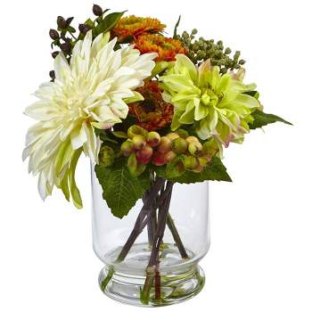 Nearly Natural 10.5-in Mixed Dahlia and Mum with Glass Vase