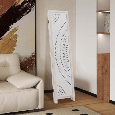 66" White Boho Solid Wood Folding Room Divider with Carved Pattern