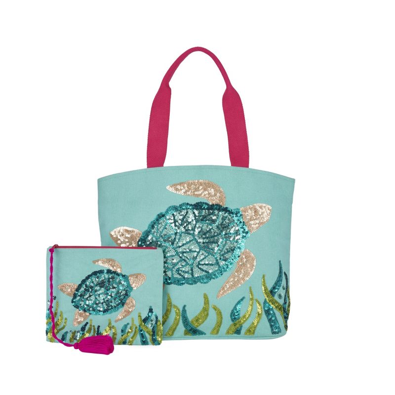 Mina Victory Sequin Sea Turtle 22" x 15" x 6" Beach Bag with Matching Clutch Turquoise, 1 of 9