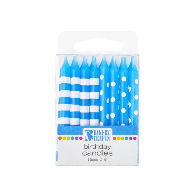 Bakery Crafts 2.5&#34; Candles Stripes &#38; Dots Blue - 16ct, 1 of 4