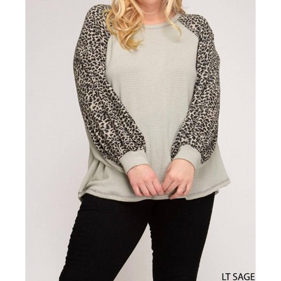 Women's Waffle Knit With Contrast Leopard Print Sleeve Top - SHE + SKY