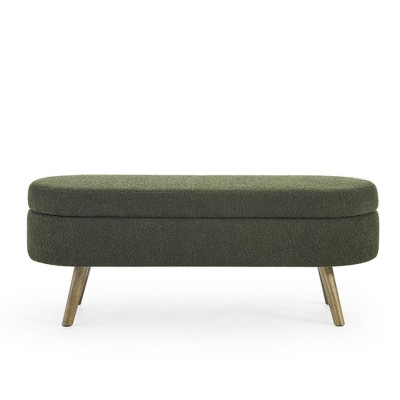 Vynxaria 43.5" Green Oval Storage Ottoman Bench - Elegant Ottomans and Benches with Rubber Wood Legs
