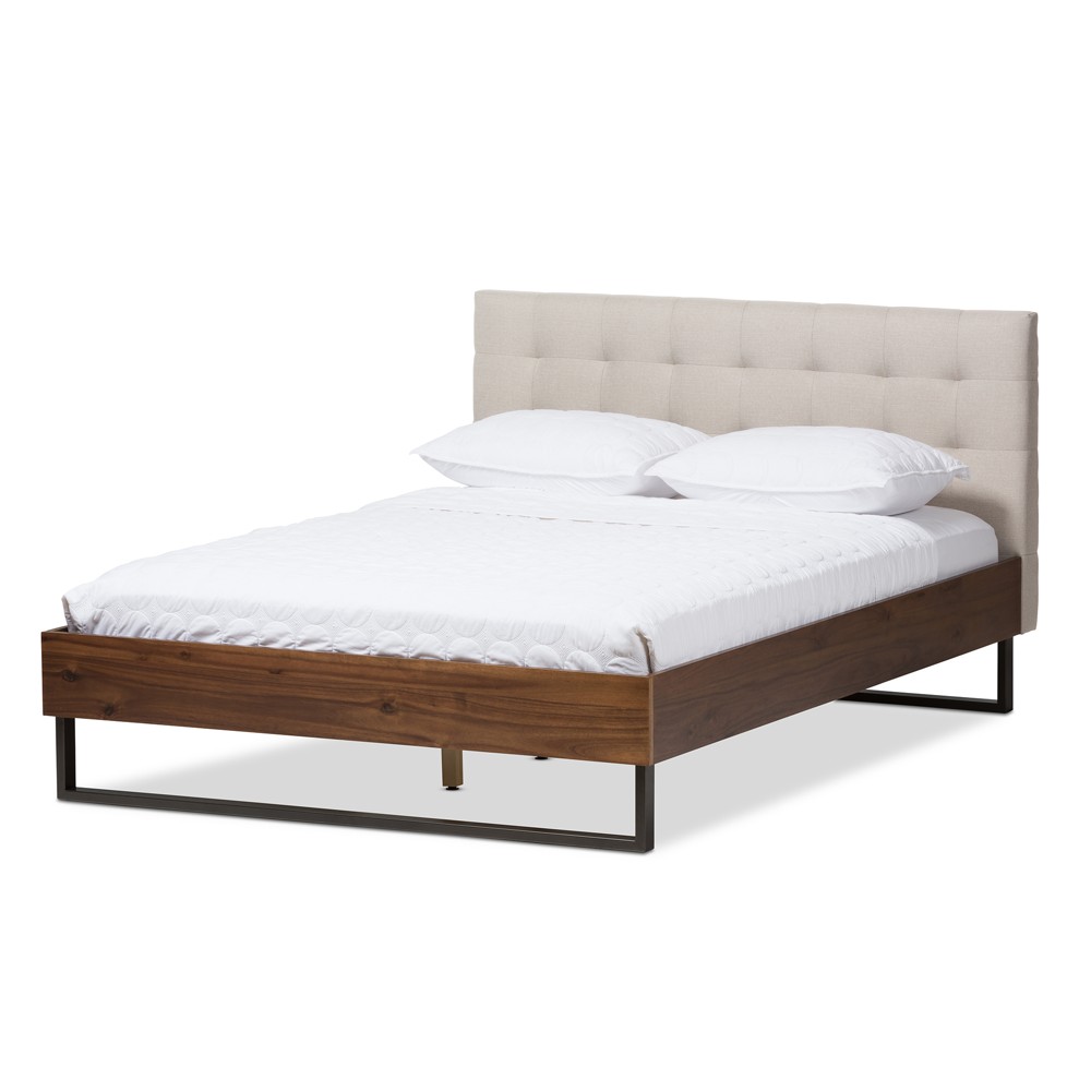 Photos - Bed Frame King Mitchell Rustic Industrial Walnut Wood and Fabric Metal Platform Bed