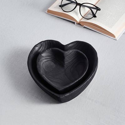Sagebrook Home Set of 2 Carved Wood Bowls Wooden Nesting Heart Bowls for Table Decor and Display
