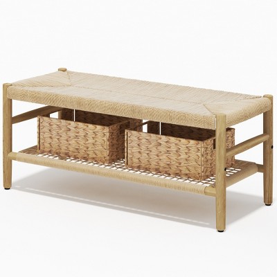 Hooseng Indoor Entryway Bench, Bohemian Style Woven Rope Long Bench with Solid Rubber Wood Legs, French Vanity Bed End Bench for Living Room, Bedroom