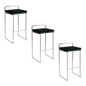 LumiSource Set of 3 Fuji Stacker Barstools Stainless Steel/Emerald Green Velvet - 1 of 4