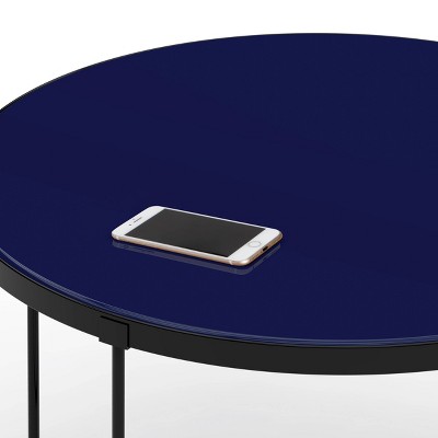 Finch 28'' Round Blue Wood Coffee Table with Black Metal Base
