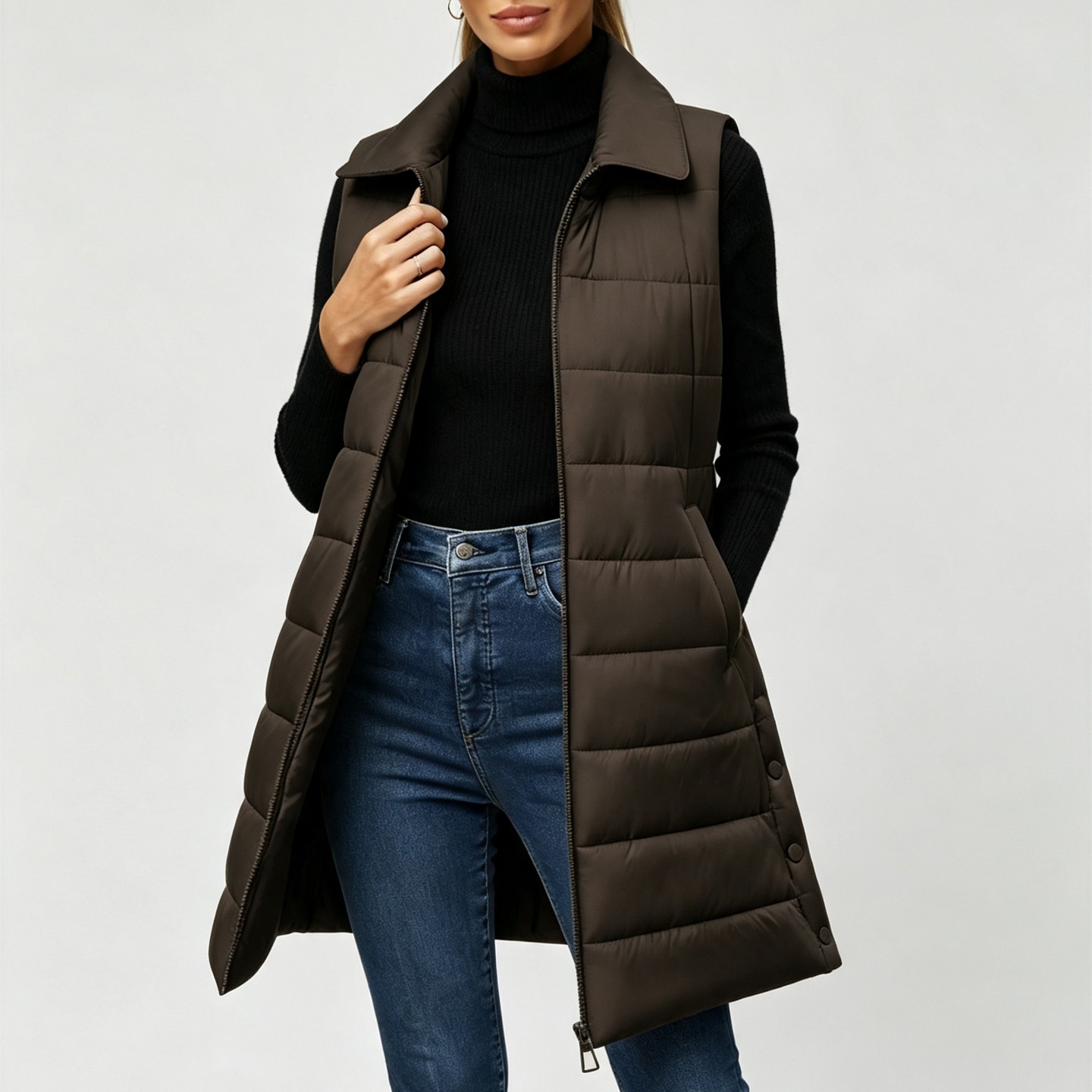 Женский жилет YesFashion Long Puffer Vest, Stand Collar Full Zip Sleeveless Quilted Vest with Pockets, Warm Outerwear Gilet Brown, цвет: Коричневый — фото 2