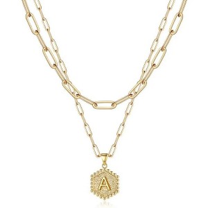 14K Gold Layered Necklace – Hexagon Initial Pendant, Dainty Stackable Jewelry Gift for Women - 1 of 4