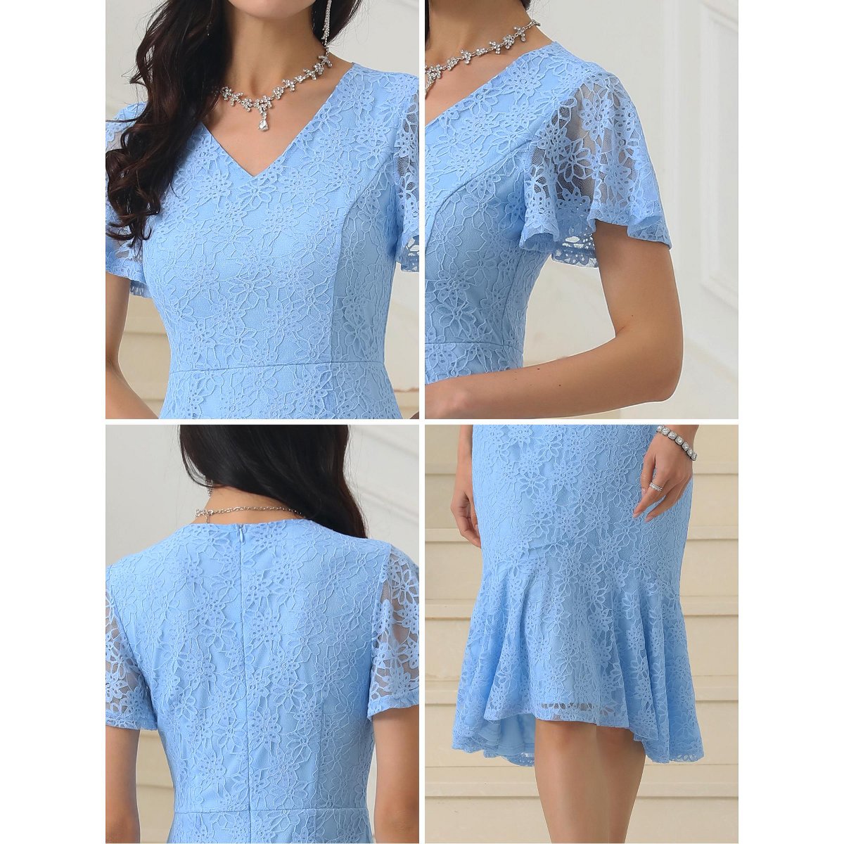 Женские платья INSPIRE CHIC Women's Lace Floral Fishtail Formal Cocktail Short Sleeve Midi Dress X-Large Light Blue — фото 5