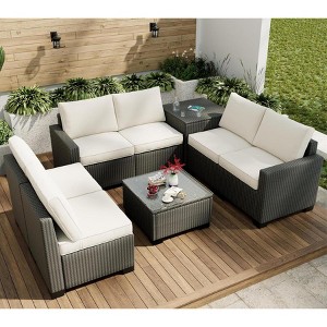 8 Piece Patio Furniture Set, Natural Rattan Wicker Outdoor Sectional with Cream Cushions, Glass Top Table & Hidden Storage - 1 of 4