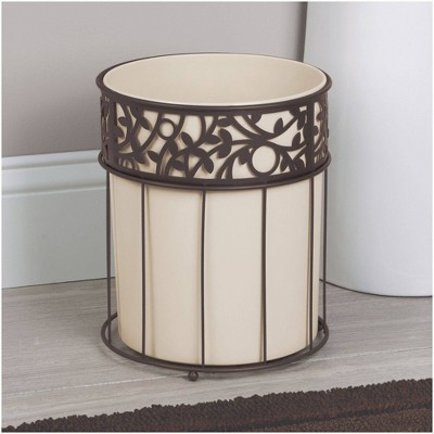 Vanilla and Bronze Metal Wastebasket with Vine Design