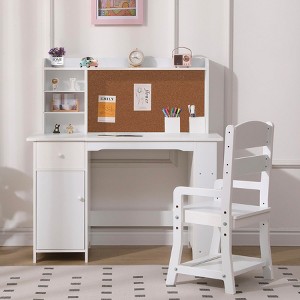 Kids Desk Study Desk - Chair Set for Boys & Girls, Wooden Writing Table with Bookshelf, Bulletin Board, Cabinet & Drawer for Ages 3-8, White - 1 of 4