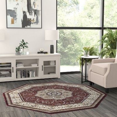 Burgundy Octagon Traditional Synthetic Area Rug