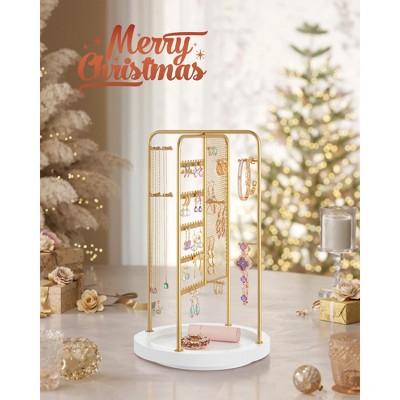 SONGMICS Jewelry Stand, Rotating Jewelry Display, 4 Independent Sections, Metal Frame, with Bottom Tray, Jewelry Organizer